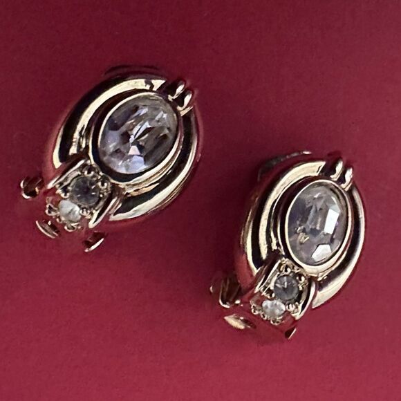 Dior Vintage Gold-Plated Oval Crystal Clip-On Earrings ✨ - Picture 4 of 5